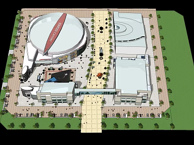 Modern Commercial Street Layout With Large Buildings Pedestrian Walkway And Central Plaza 3d model