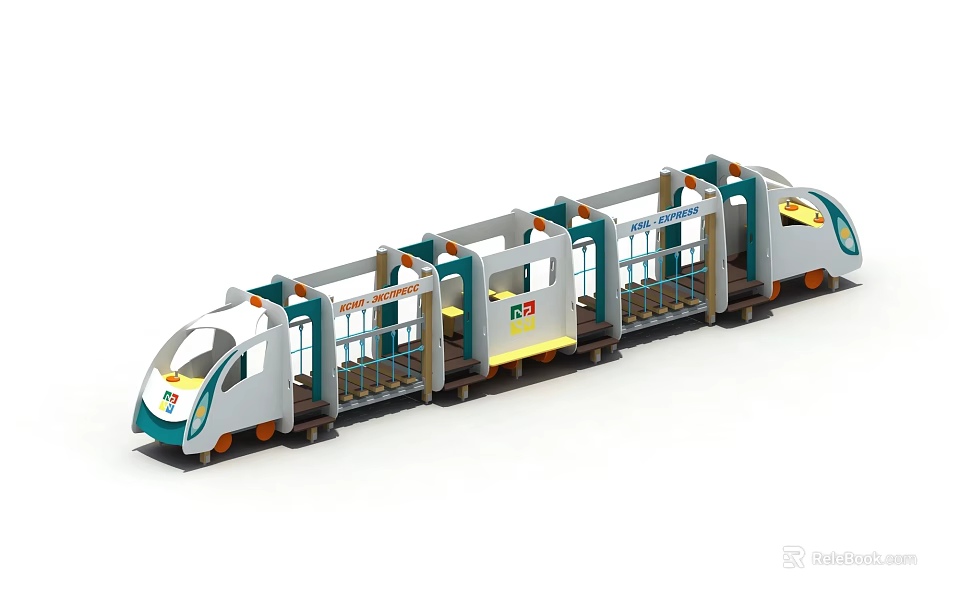 Toy Train With Multiple Carriages White Green Orange Colors And Windows 3d model 