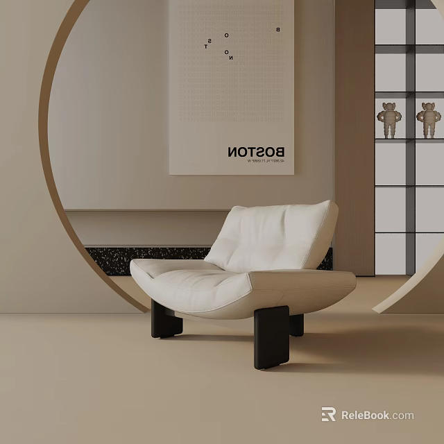 Minimalist White Leather Leisure Chair Interior With Circular Decor And Boston Poster Design 3d model 