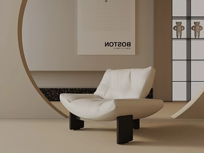 Minimalist White Leather Leisure Chair Interior With Circular Decor And Boston Poster Design 3d model
