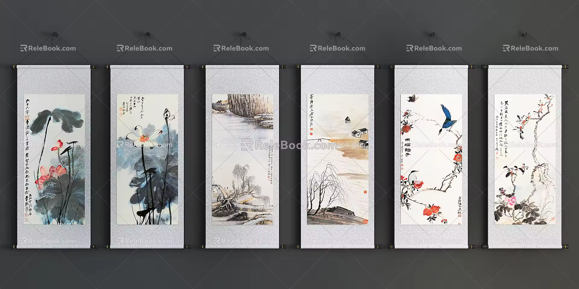 Chinese Landscape Painting Scroll Hanging Picture Combination 3d model