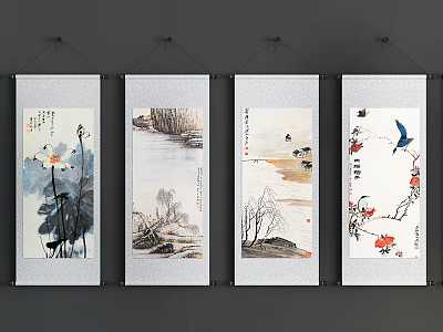 Chinese Landscape Painting Scroll Hanging Picture Combination 3d model