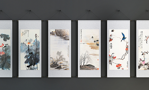 Chinese Landscape Painting Scroll Hanging Picture Combination 3d model