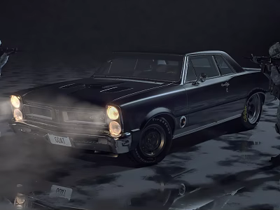 Classic Black Vintage Car in Misty Atmosphere with Wet Reflective Ground 3d model