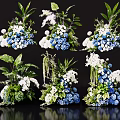 Elegant Vase Floral Arrangements With Blue White Flowers And Green Leaves