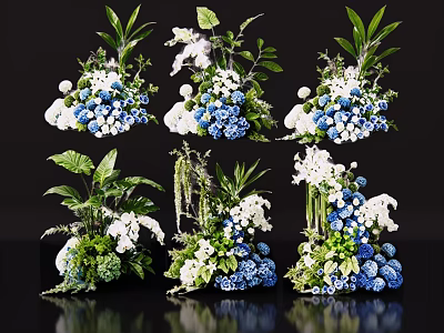 Elegant Vase Floral Arrangements With Blue White Flowers And Green Leaves 3d model