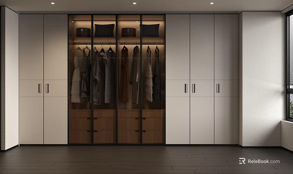 Modern Wardrobe Interior Design With Glass Doors Hanging Clothes And Wooden Drawers 3d model 