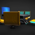Futuristic Conference Table With Yellow Illuminated Chairs And Blue Screen On Metallic Base