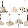 Various Design Pendant Lamps with Intricate Fabric Shades and Metal Accents