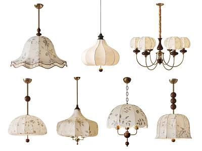 Various Design Pendant Lamps with Intricate Fabric Shades and Metal Accents 3d model