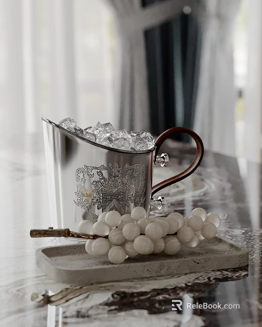 Decorative Ornament Set With Silver Engraved Container Brown Handle And White Beads On Tray 3d model 