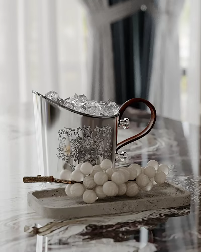 Decorative Ornament Set With Silver Engraved Container Brown Handle And White Beads On Tray 3d model