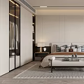 Modern Bedroom Interior Design With Bed Nightstands Lamps Bench Rug Accent Chair And Wooden Panels