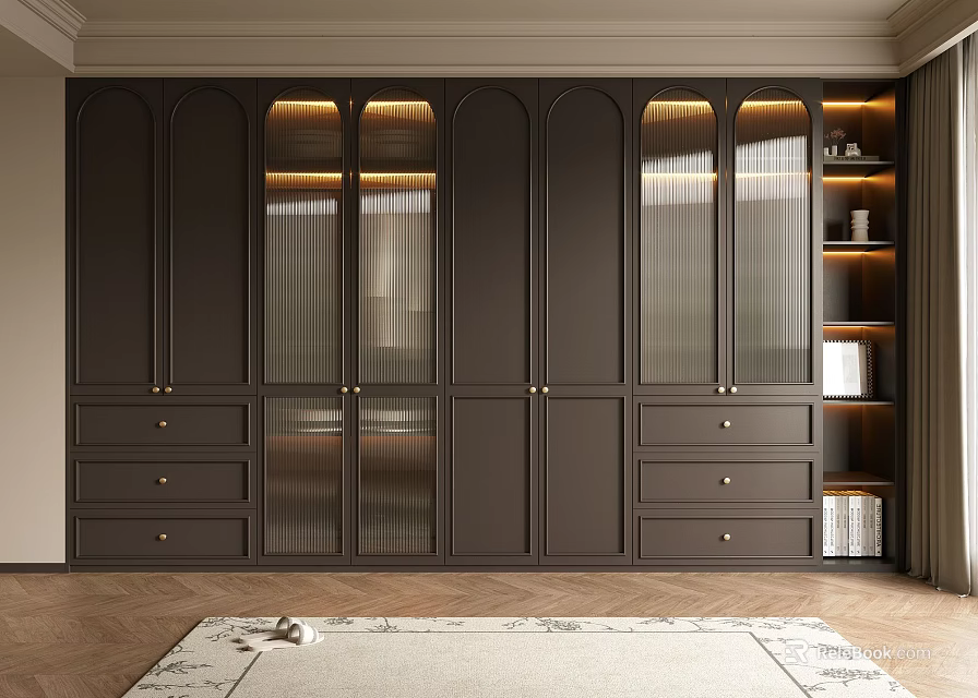 Modern Dark Wardrobe Design With Glass Doors LED Lighting Drawers And Side Shelves 3d model 
