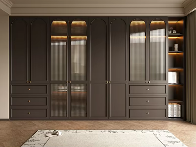 Modern Dark Wardrobe Design With Glass Doors LED Lighting Drawers And Side Shelves 3d model