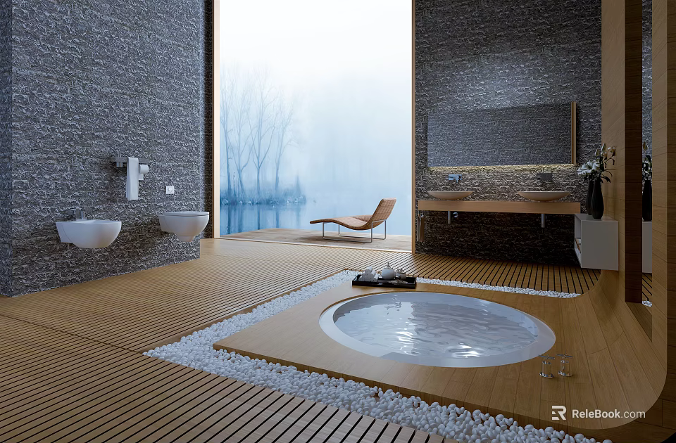 Modern Hotel Bathroom Interior Design With Bathtub Marble Vanity Mirror And Scenic View 3d model 
