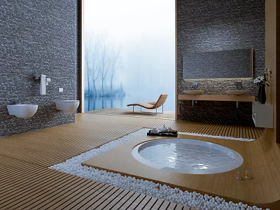Modern Hotel Bathroom Interior Design With Bathtub Marble Vanity Mirror And Scenic View 3d model
