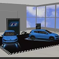 Car Exhibition Display With Two Blue Cars Black And White Checkered Floor And Tire