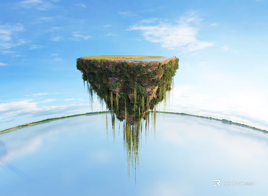 Floating Island With Green Vegetation Hanging Vines Blue Sky White Clouds And Water Reflection 3d model 