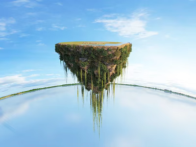 Floating Island With Green Vegetation Hanging Vines Blue Sky White Clouds And Water Reflection 3d model