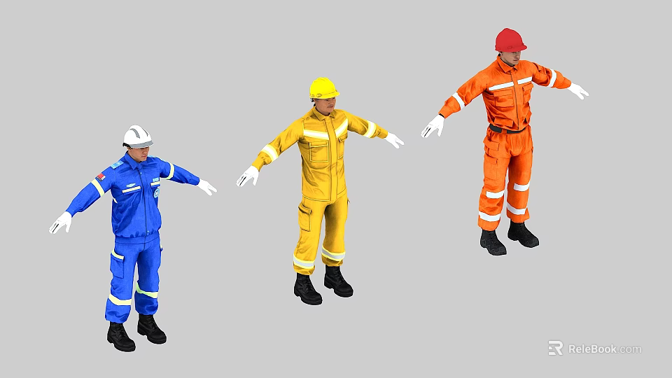 Men In Blue Yellow Orange Work Uniforms With White Yellow Red Safety Helmets Arms Outstretched 3d model 