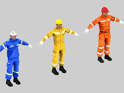 Men In Blue Yellow Orange Work Uniforms With White Yellow Red Safety Helmets Arms Outstretched 3d model