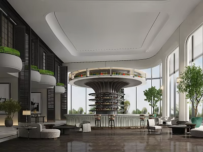 Elegant Spacious Luxury Hotel Lobby With Unique Central Bar And Large Floor To Ceiling Windows 3d model