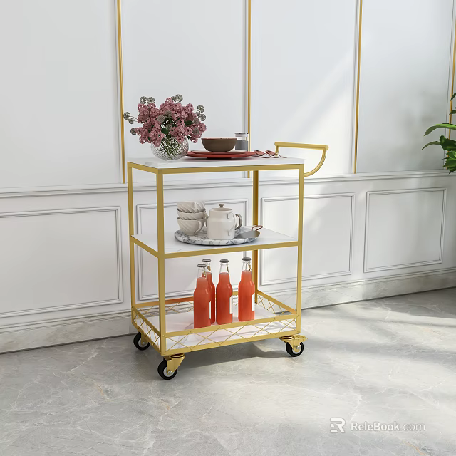 Commercial Three Tier Serving Cart With Gold Metal Frame Marble Top And Wheels 3d model 