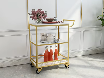 Commercial Three Tier Serving Cart With Gold Metal Frame Marble Top And Wheels 3d model