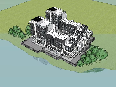 Modern Waterfront Multi storey Residential Building With Trees Greenery And Terrace Design 3d model
