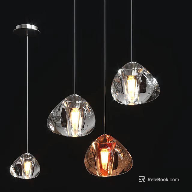 Modern Geometric Glass Pendant Lights with Transparent and Orange Shades Illuminated Hanging Against Black Background 3d model 