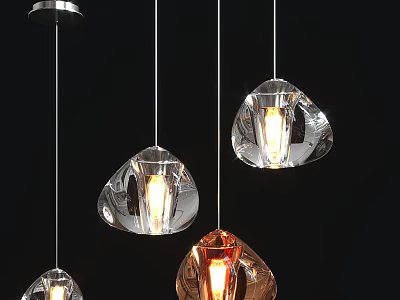 Modern Geometric Glass Pendant Lights with Transparent and Orange Shades Illuminated Hanging Against Black Background 3d model