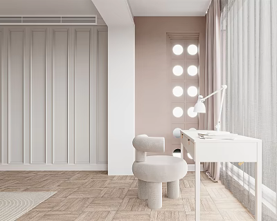 Modern Bedroom Interior Design With Pink Wall Round Lights White Desk Chair Wooden Floor Curtains 3d model