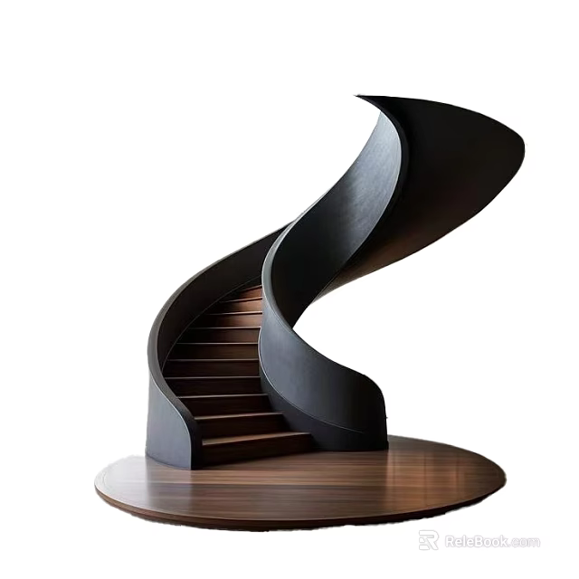 Modern Spiral Staircase With Black Curved Handrail And Wooden Steps Elegant Circular Base Design 3d model 