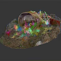 Cartoon Scene With Whimsical Shell Structure Dirt Grass Yellow Flowers And Bone Frames