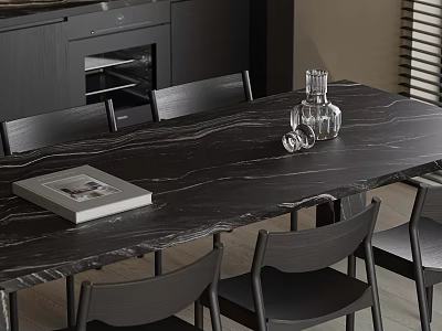 Minimalist Dining Table Set With Black Marble Tabletop Black Chairs Glass Vase And Dark Cabinets 3d model