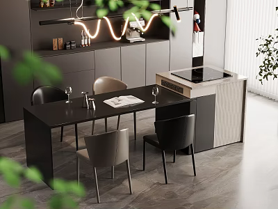 Modern Kitchen Interior With Island Dining Table Chairs And Cabinets 3d model