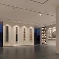 Modern Minimalist Gallery Interior With Paintings On Walls Shelving And Dark Flooring