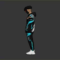 Man With Black Teal BLUEN Hoodie Track Pants White Sneakers Arms Outstretched On Gray Background