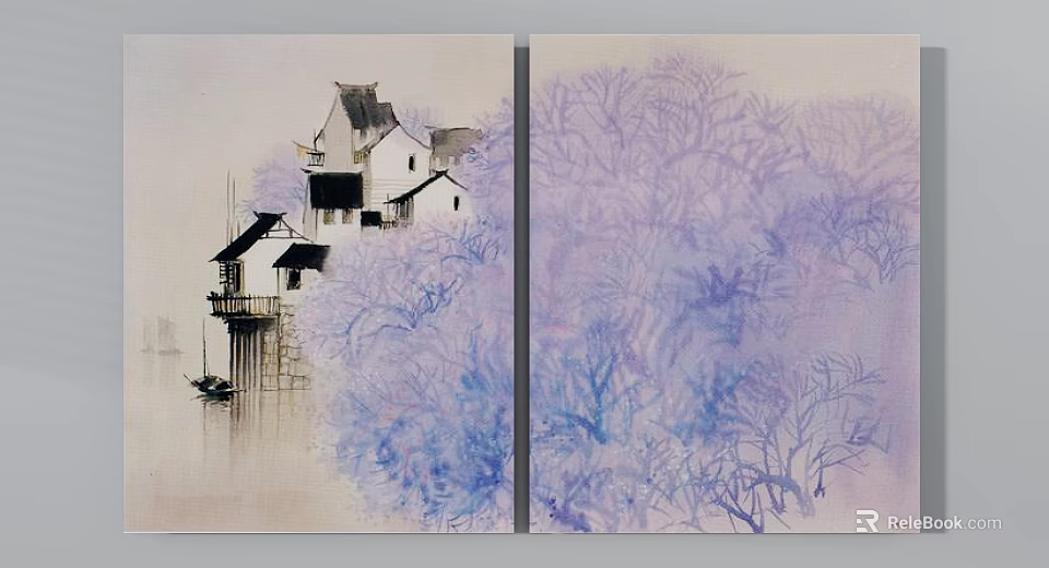 Traditional Chinese Landscape Painting Featuring White Houses Black Tiles Boats And Purple Blue Branches 3d model 