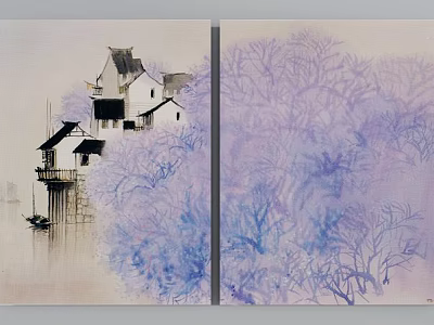 Traditional Chinese Landscape Painting Featuring White Houses Black Tiles Boats And Purple Blue Branches 3d model