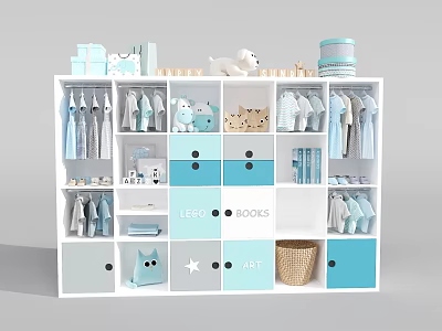 White and Blue Baby Wardrobe with Clothes LEGO Books and Storage Compartments 3d model