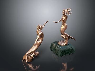 Two Golden Mermaid Sculptures With Intricate Details And Green Base Decoration 3d model