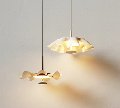 Modern Petal Shaped White Chandeliers Hanging In Minimalist Interior With Warm Lighting 3d model