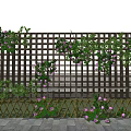 Building Exterior Wall With Wooden Lattice Purple Flowers Green Vines And Bamboo Fence