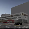 Modern Fire Station Building With Red Entrance Doors And Large Windows Exterior