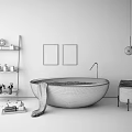 Stylish Freestanding Gray Bathtub With Gray Towel Golden Shelf Wall Art And Pendant Light