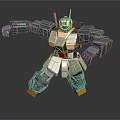 Metallic Armored Mech Warrior In Battle Stance With Green Orange Armor And Detailed Limbs