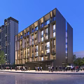 Modern Multi Story Hotel Building With Glass Facade In Urban Setting With Pedestrians And Cars
