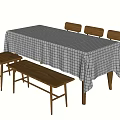 Simple Style Dining Table Set With Black White Checkered Tablecloth Wooden Chairs And Bench